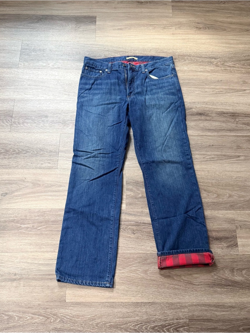 L.L. Bean Men's Blue Relaxed Straight-Leg Jeans with Red Cuff Detail
